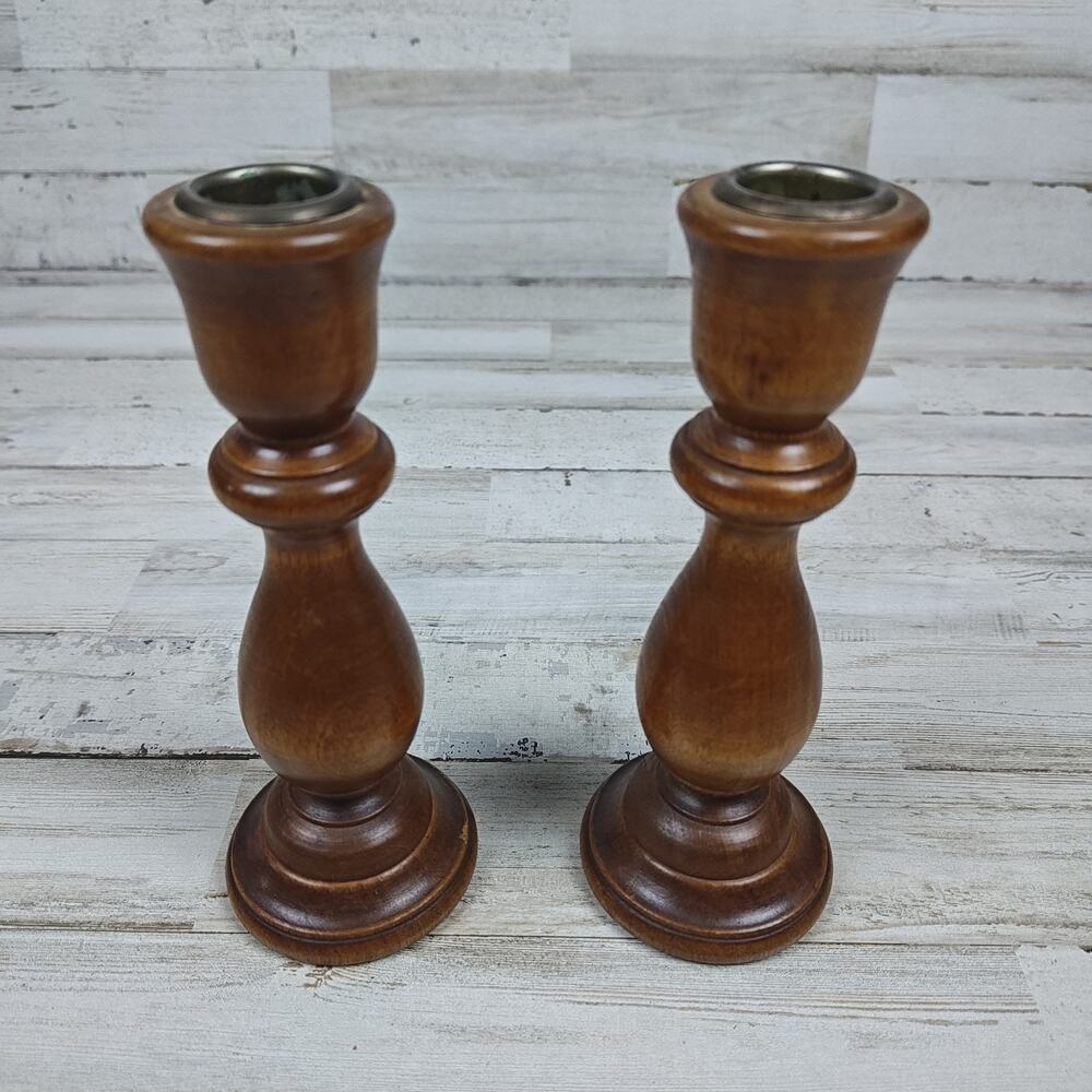 VINTAGE Pair Of Wooden Candlestick Taper Holders 7" Farmhouse Boho MCM Decor